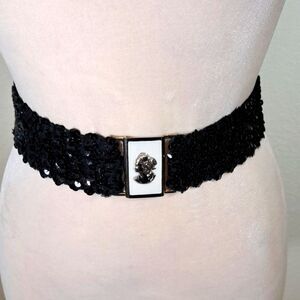 Belt Black Cameo Buckle Sparkly Stretchy Women’s Sequin Elastic Silver Tone Clip